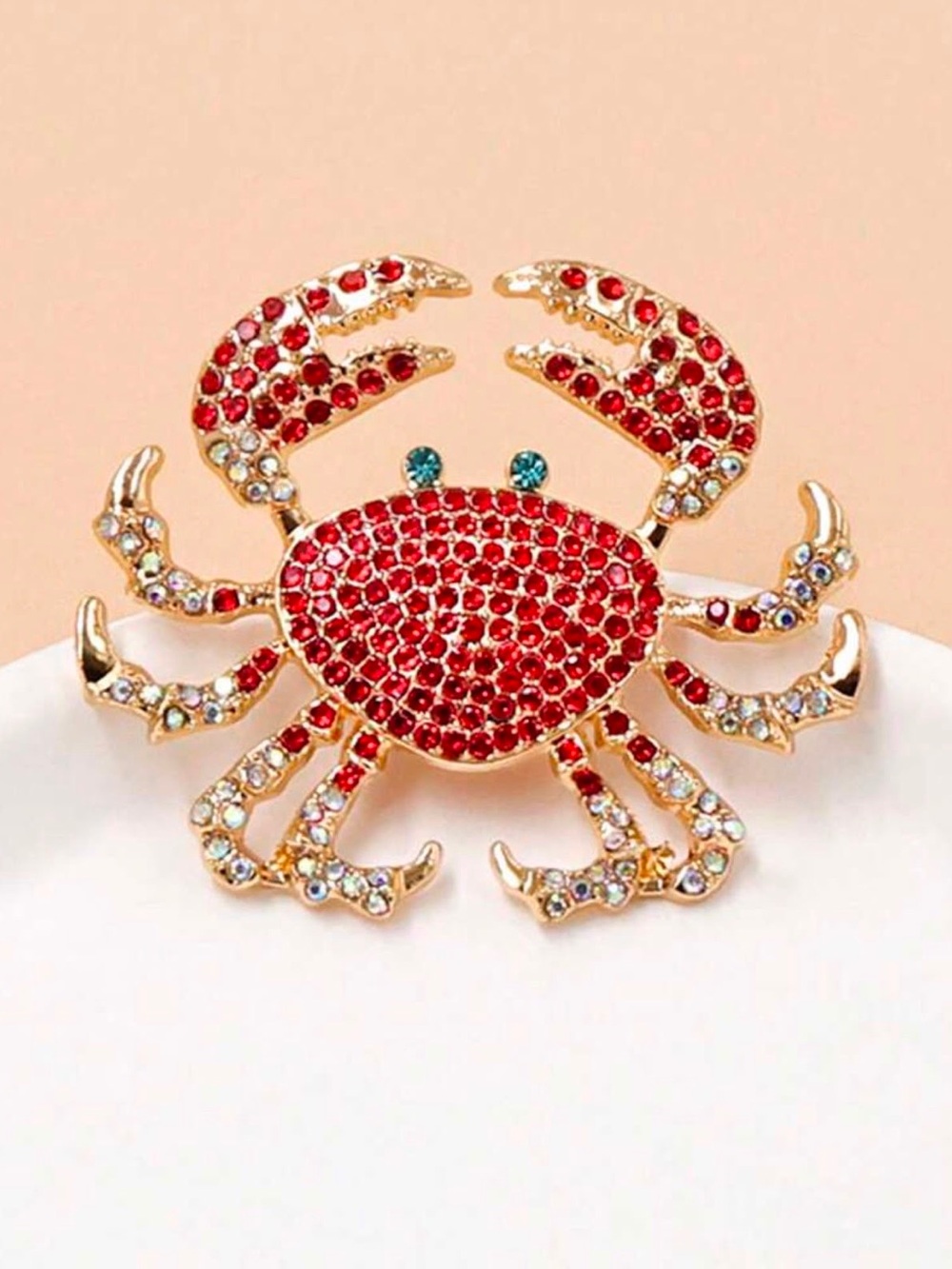 Gold-Tone Crab Brooch with Red and Aqua Crystals - Picture 1 of 7